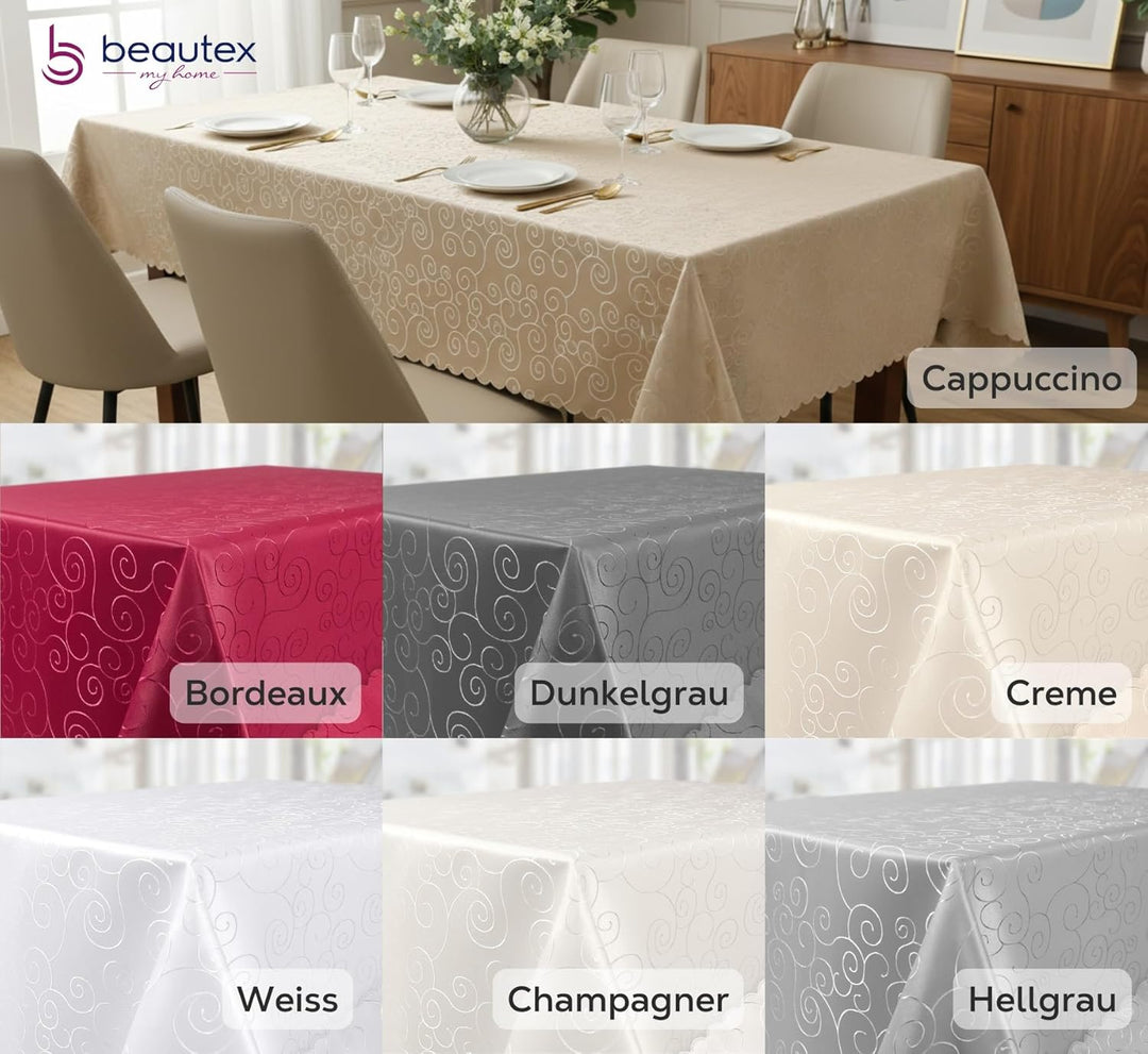 BEAUTEX Tischdecke Damast Ornamente - Bügelfreies Tischtuch - Fleckabweisende, Pflegeleichte Tischwä