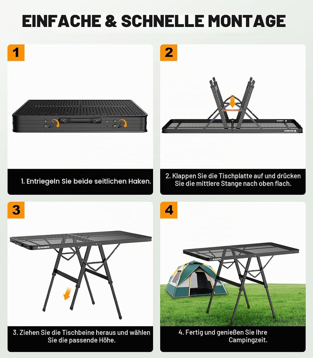 Raynesys Klappbarer Grilltisch mit Mesh-Tischplatte, Höhenverstellbarer Faltbarer Campingtisch aus M
