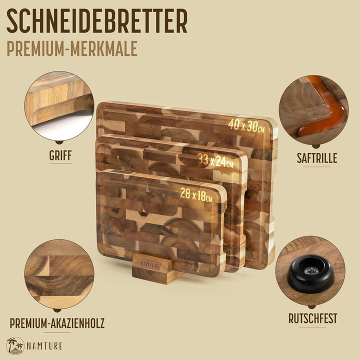 Schneidebrett Holz Set – 2,5 cm stark, mit hochwertiger Öl-Oberfläche, Saftrille, Anti-Rutsch-Füssen