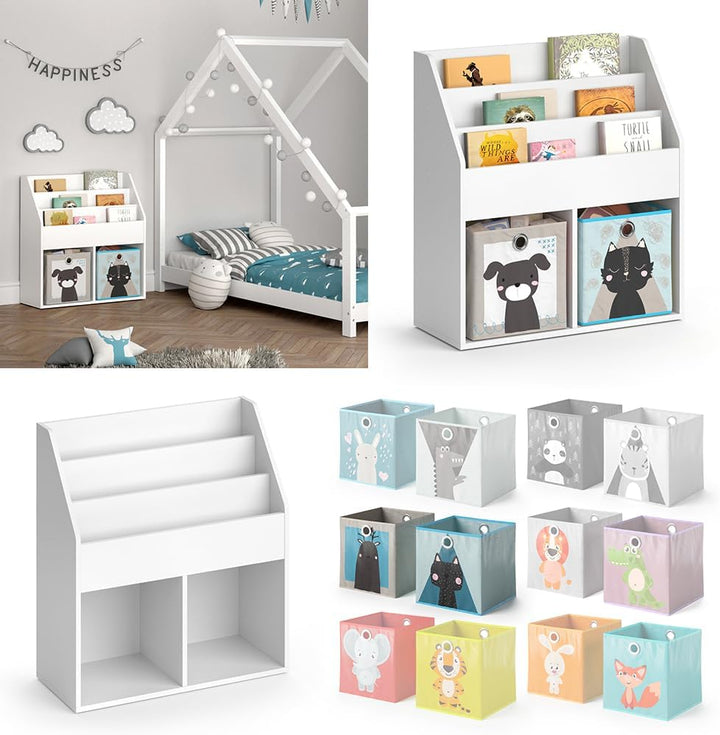 Vicco Kinderregal Luigi, Weiss, 72 x 79 cm mit 2 Faltboxen Opt.4, zur Aufbewahrung von Büchern und S