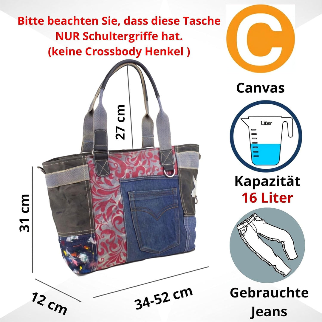 Sunsa Damen Handtasche. Grosse Nachhaltige Schultertasche aus Recycelte Jeans Canvas &amp; Leder. A4 gee