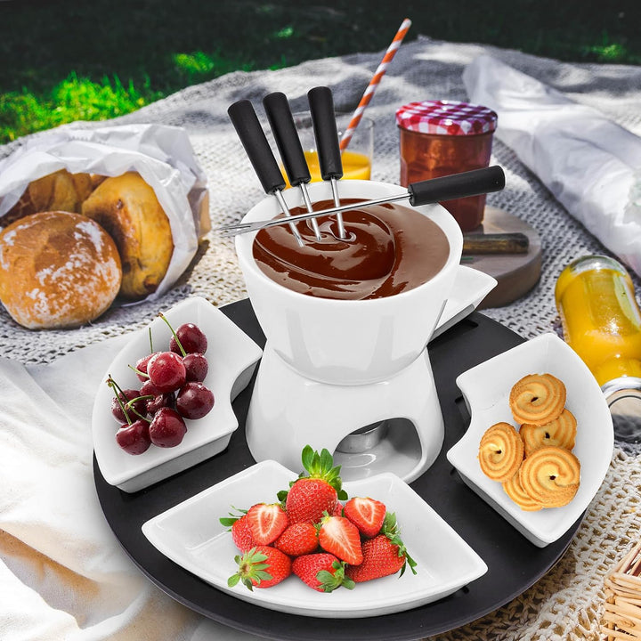 MoYouno Keramik-Schokoladen-Fondue-Topf-Set, Käsefondue-Sets, mit 4 Gabeln und 4 Schalen, Keramik-Bu