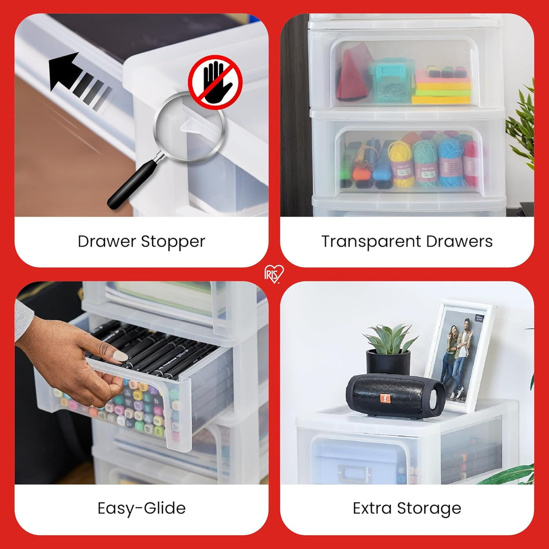 Iris Ohyama, Schreibtisch-Organizer mit 2 flache und 1 tiefe Schublade, Mattweiss, Easy-Pull-System,