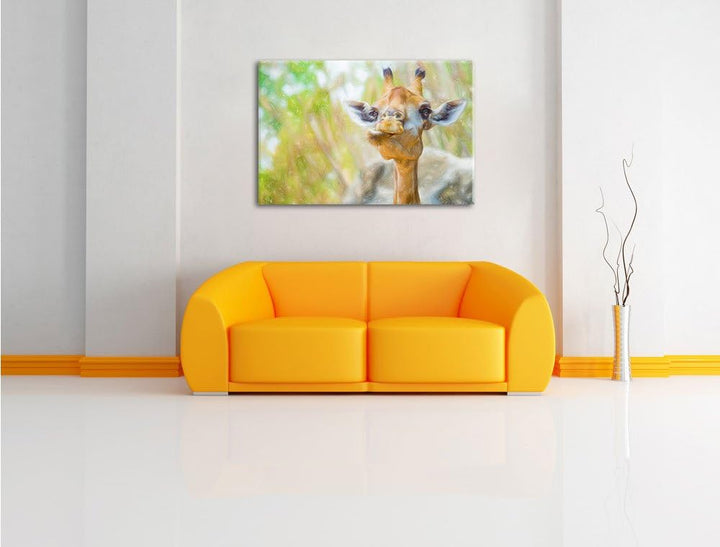 Pixxprint Giraffe in der Natur Kunst Buntstift Effekt, Format: 100x70 auf Leinwand, XXL riesige Bild