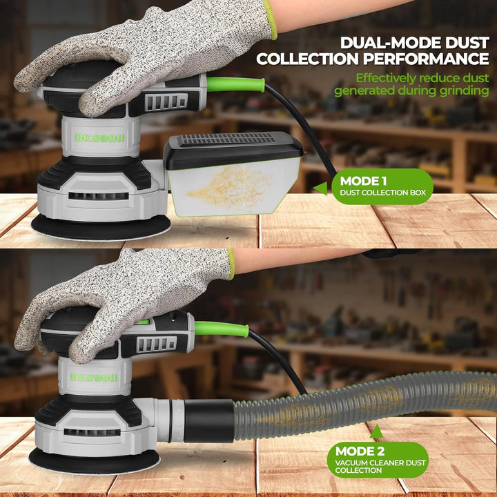 DESOON Exzenterschleifer 125mm, 300W Schleifmaschine für Holz mit 6 Geschwindigkeiten und Max.14000