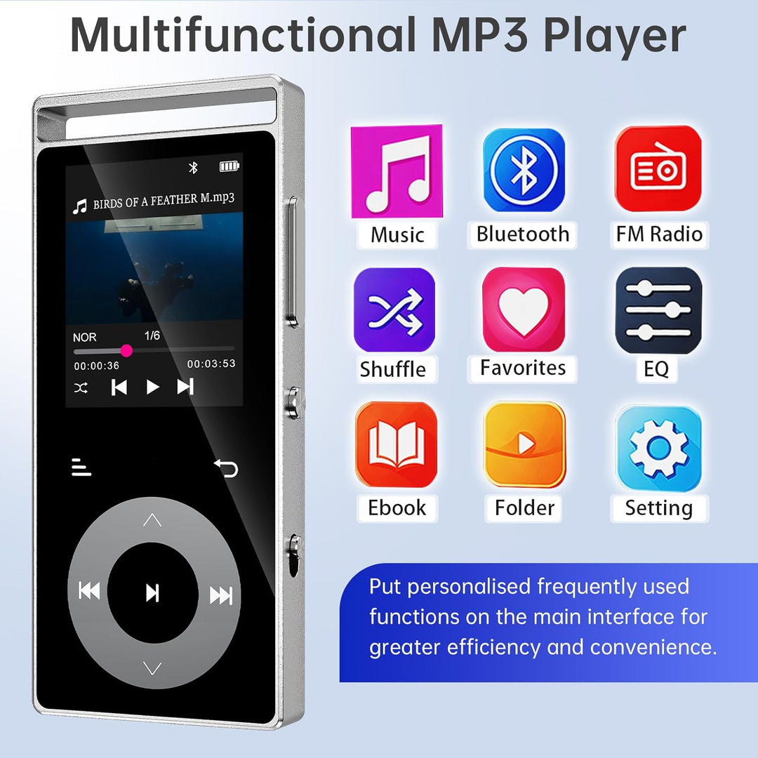 90GB MP3 Player Bluetooth 5.3, MP3-Player mit HiFi-Sound Touch-Tasten | MP3 mit Musik, Farbdisplay,