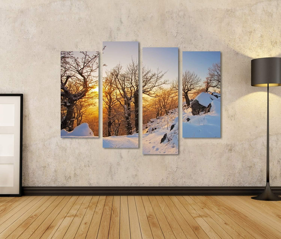 Bild Bilder auf Leinwand Winter im Wald bei Sonnenuntergang Wandbild Poster Leinwandbild RCE 130x80c