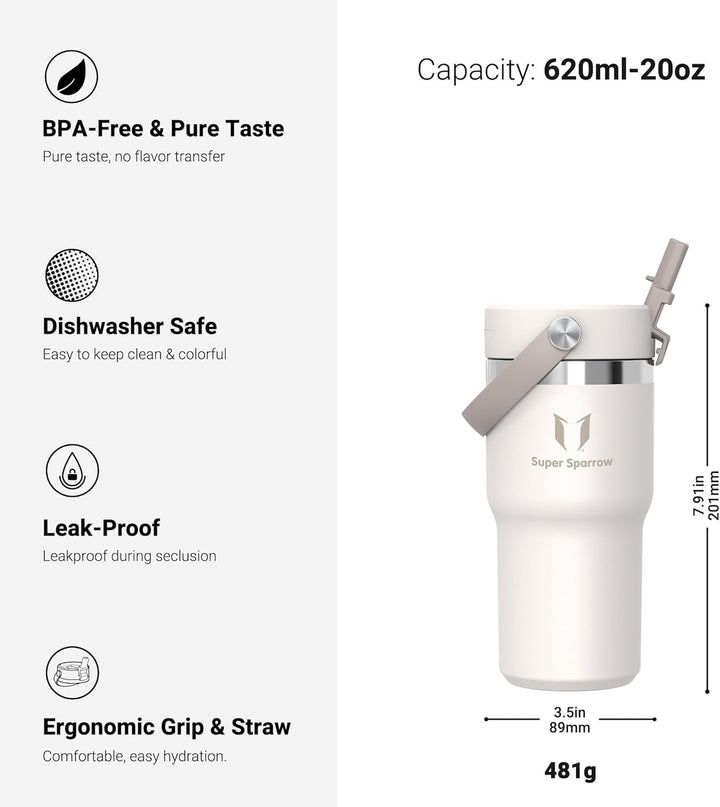 Sparrow Trinkflasche Edelstahl - Twistpath Thermosflasche mit Flex-Strohhalmdeckel - 620ml - BPA-fre