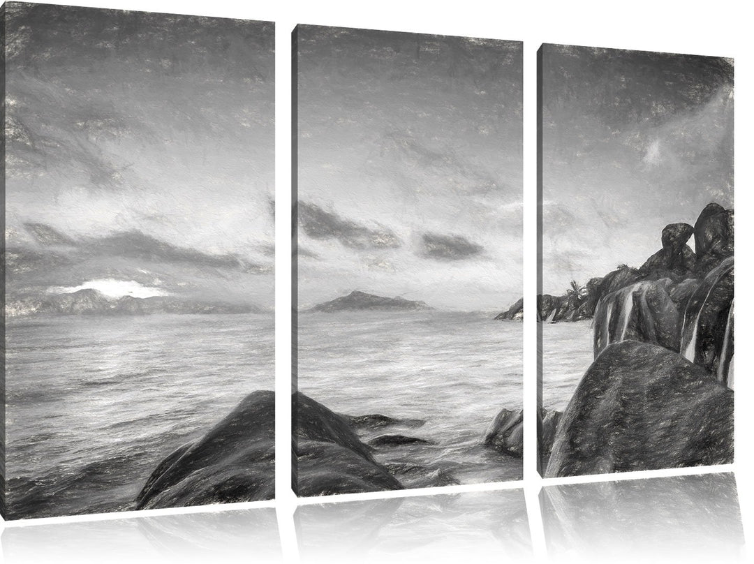 Pixxprint Sonnenuntergang Seychellen Kunst Kohle Effekt 3-Teiler Leinwandbild 120x80 Bild auf Leinwa