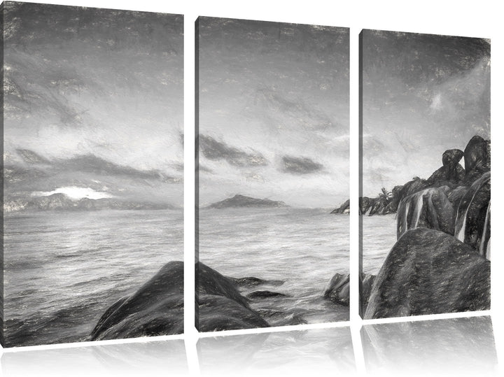 Pixxprint Sonnenuntergang Seychellen Kunst Kohle Effekt 3-Teiler Leinwandbild 120x80 Bild auf Leinwa