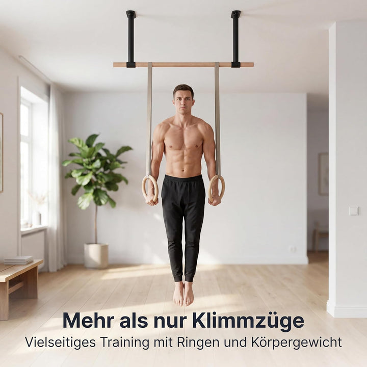 Klimmzugstange Decke - stilvolle Pull Up Bar aus Holz zur festen Deckenmontage - platzsparendes Desi
