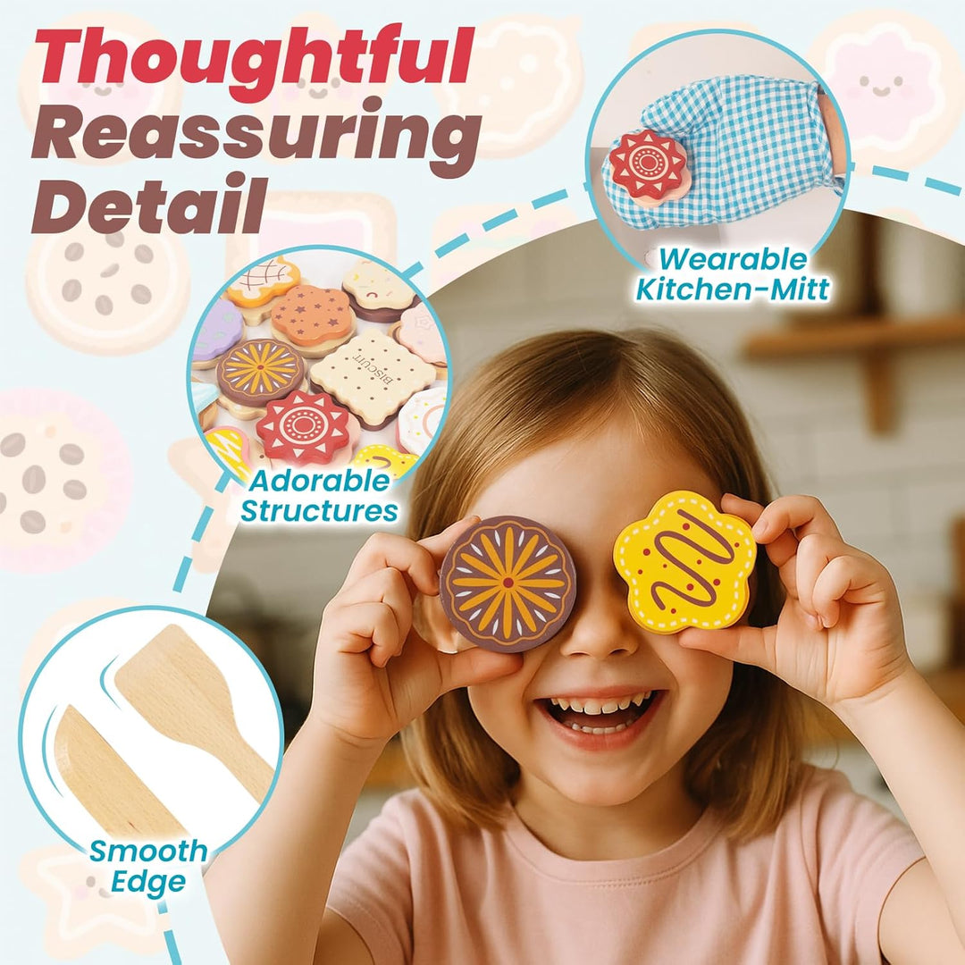 Hölzernes Plätzchen Spiel Essen Set für Kinder, Küchenzubehör Lebensmittel Spielzeug für Kleinkinder