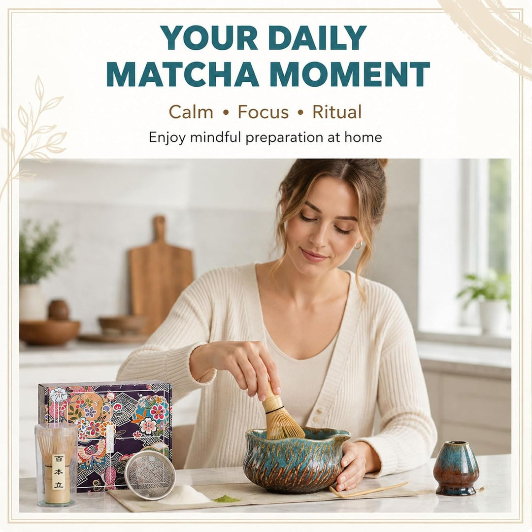 Matcha Set 7 Teilig, Matcha Tee Set Mit Schale, Bambusbesen, Halter, Sieb Und Löffel, Keramik Teeset