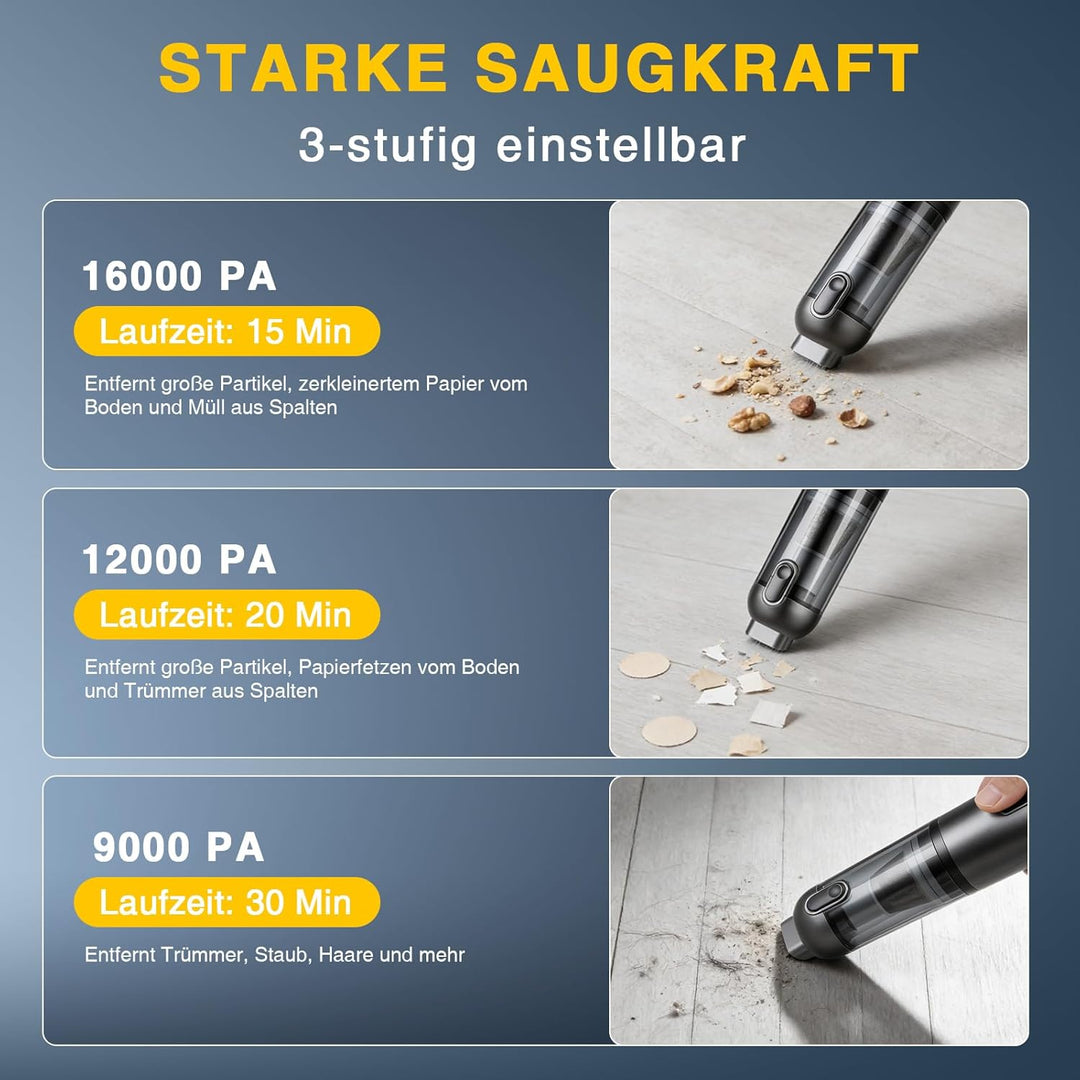 ERWEY Handstaubsauger, 16000Pa Akku Staubsauger Kabellos, 4-in-1 Multifunktionaler Autostaubsauger S