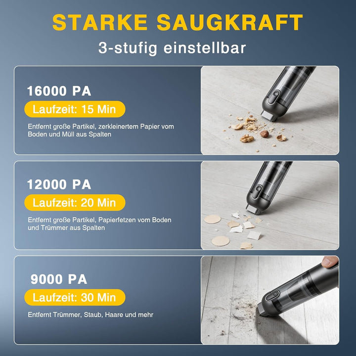 ERWEY Handstaubsauger, 16000Pa Akku Staubsauger Kabellos, 4-in-1 Multifunktionaler Autostaubsauger S