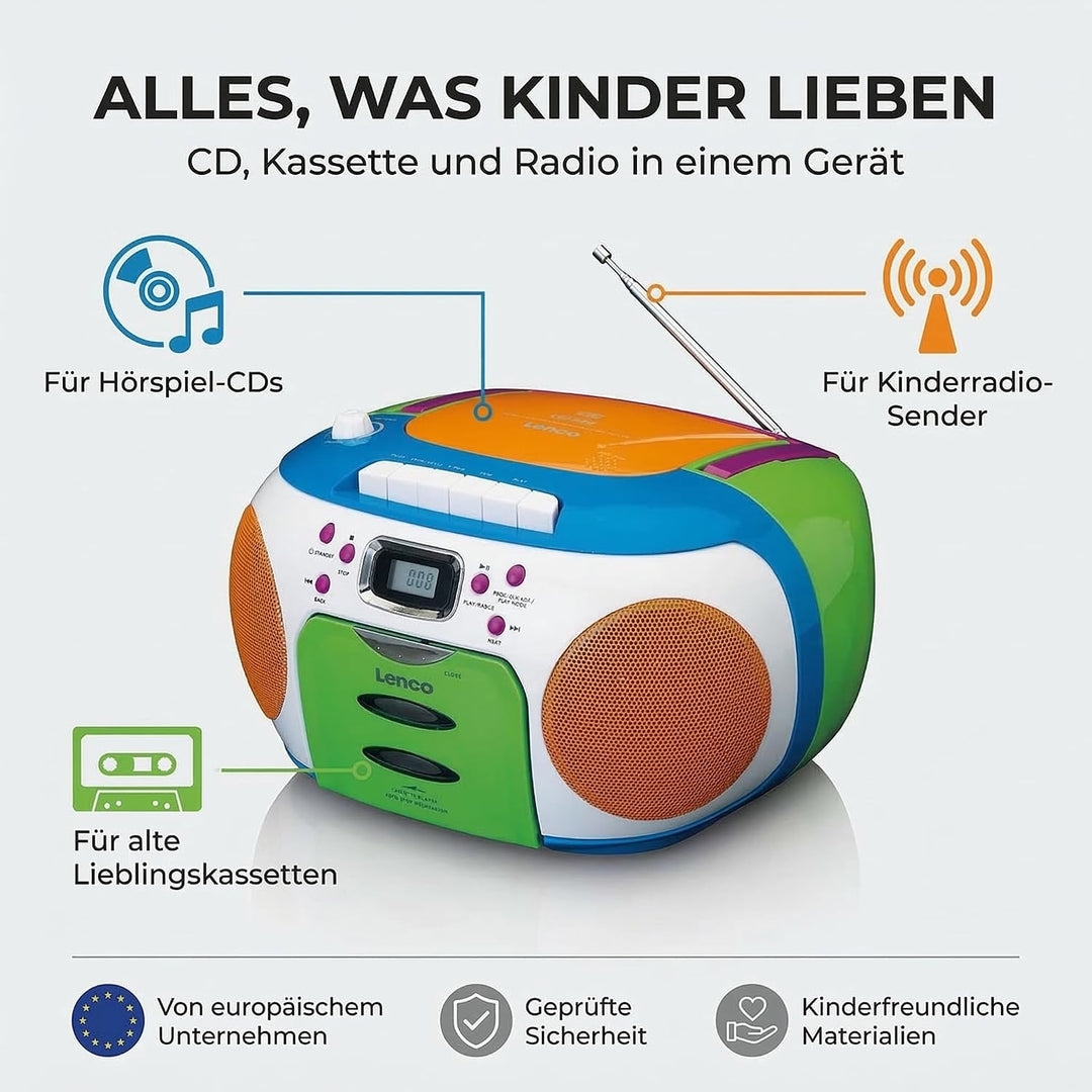 Lenco SCD-971 -Kinderradio - Kassettenradio mit CD - CD-Radio - Kassettenplayer - Stereo Lautspreche