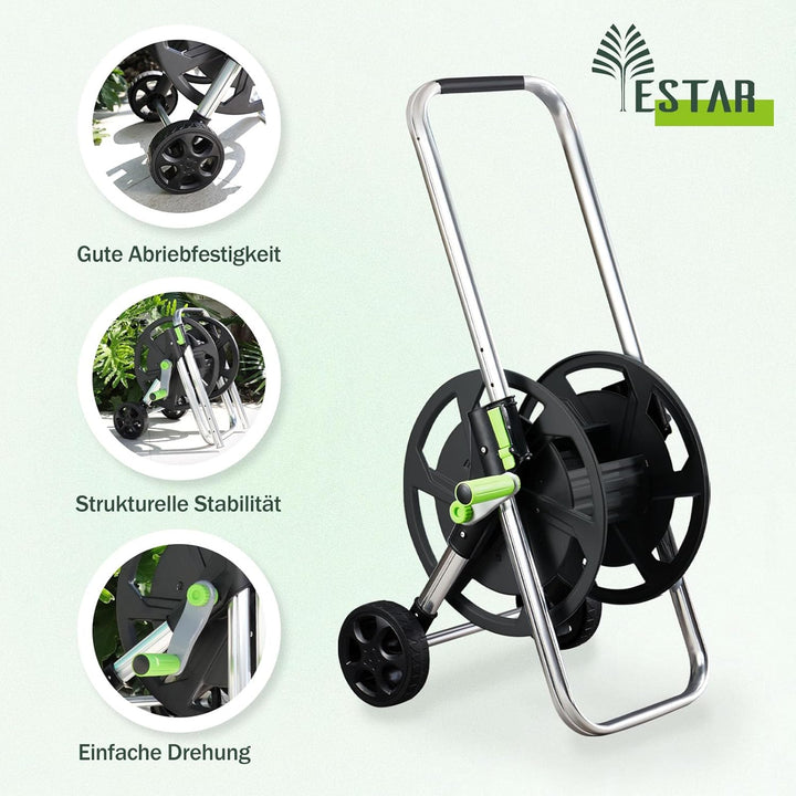 Schlauchwagen Metall, Fahrbare GartenSchlauchtrommel für 32-60m 1/2" Schlauch, mit Rädern, Verstellb