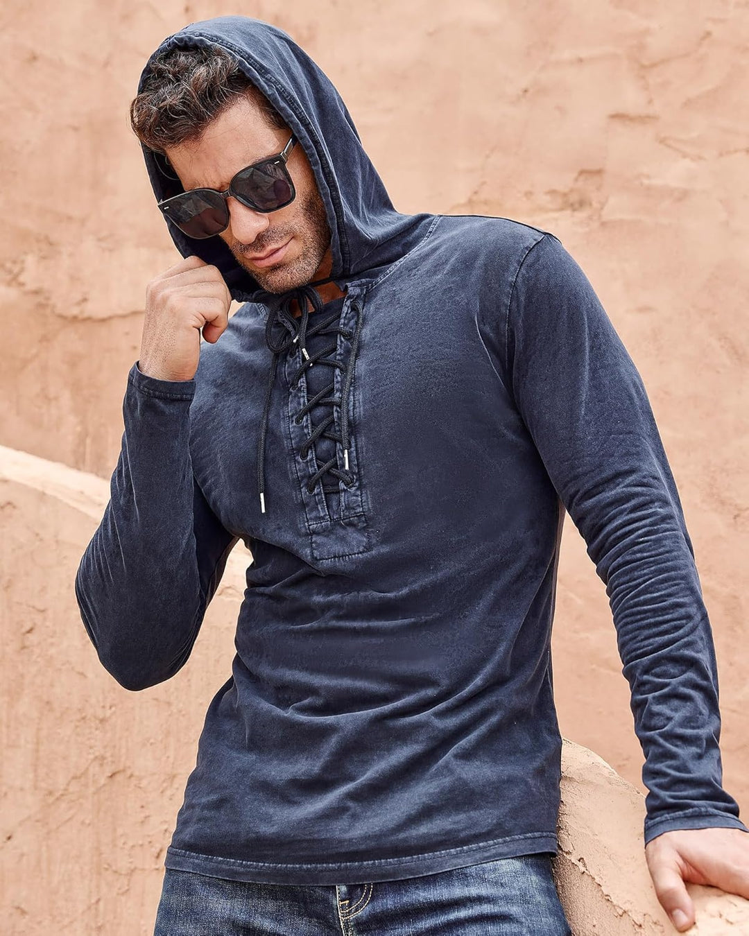Herren Vintage Hoodie Langarm Shirt Männer Lace Up Hooded Langarmhemd Distressed Casual Outdoor Takt