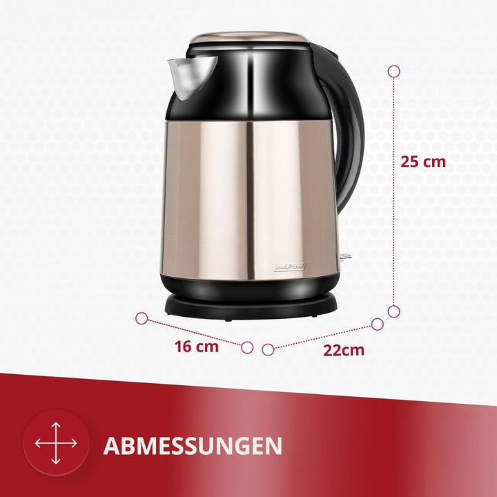 MPM MCZ-91M Elektrischer Wasserkocher, Fassungsvermögen 1,7 L, BPA-freier Edelstahl, Kabellos 360º o