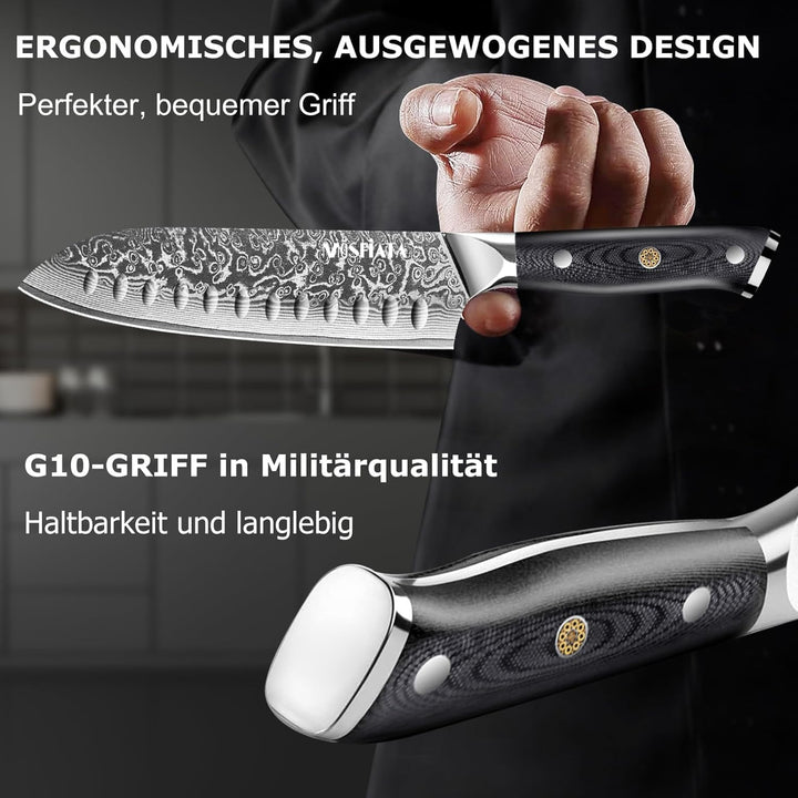MOSFiATA Damast Santokumesser 7 Zoll, Damastmesser Küchenmesser Damaststahl Japanisches Messer Schar
