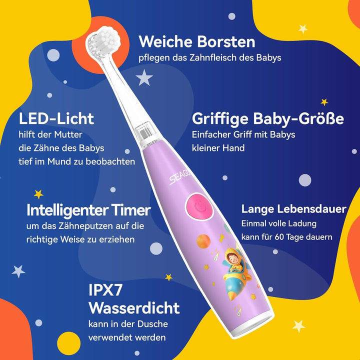 Seago Elektrische Zahnbürste Kinder ab 1 Jahr, Schallzahnbürste Kinder mit LED-Lichtern und DIY-Aufk