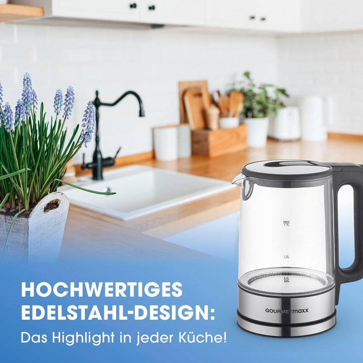 GOURMETmaxx Glas-Wasserkocher 1,7 Liter mit integrierter Beleuchtung | Leistungsstarker Boiler mit A