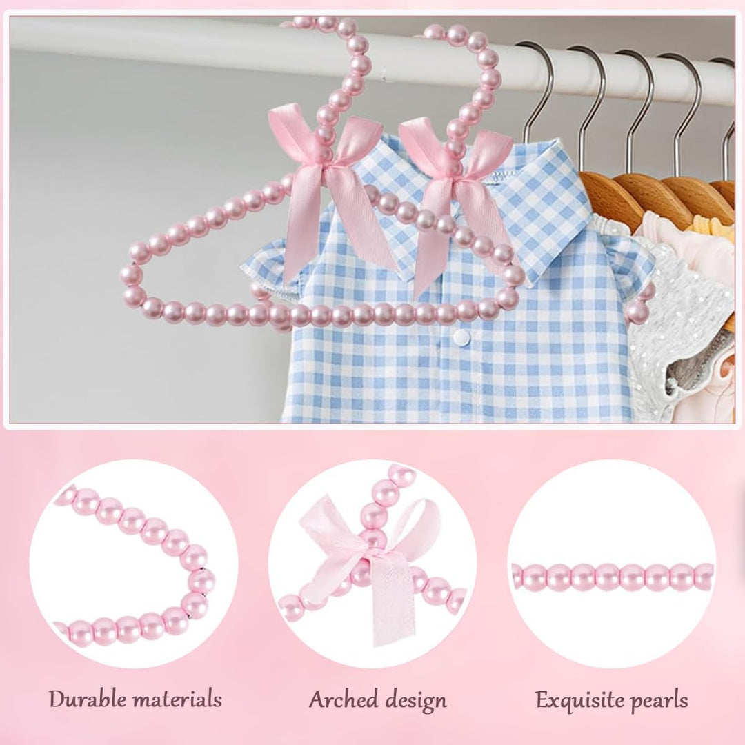 4 Stück Mini Kleiderbügel Perlen Kinderkleiderbügel mit Schleifeband Plastik Pearl Babykleiderbügel