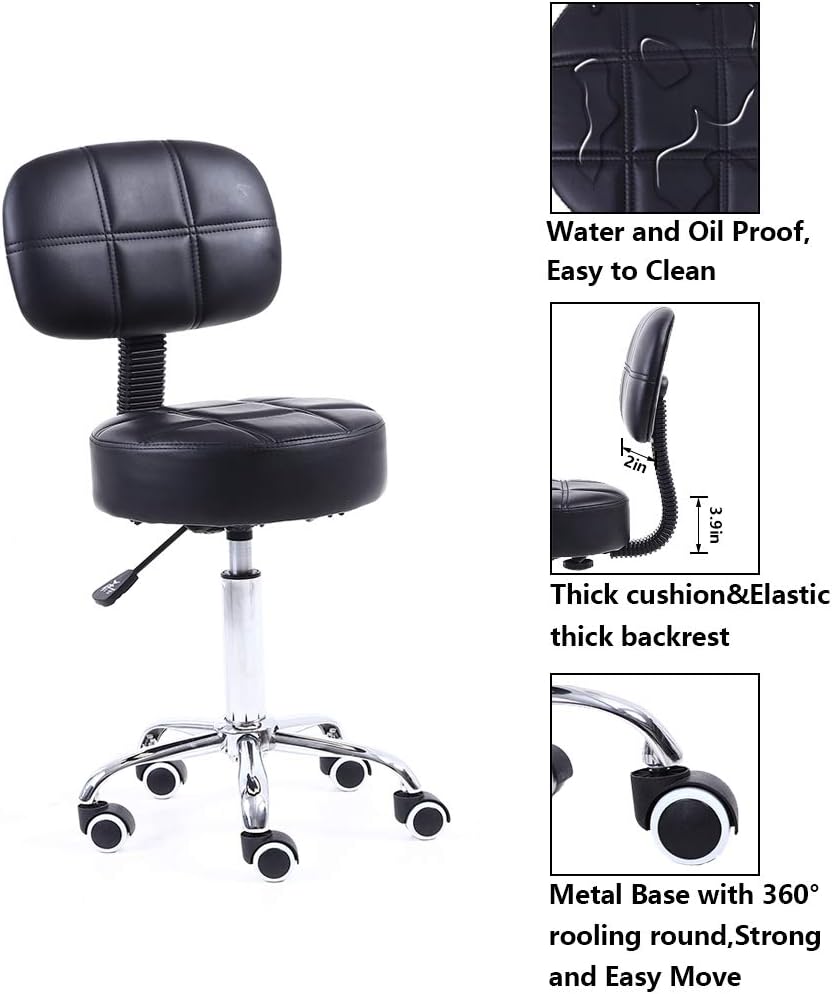 KKTONER Rollhocker mit Rückenlehne Höhenverstellbarer 50-64cm Schwarz | 360° drehbar Salon Hocker PU