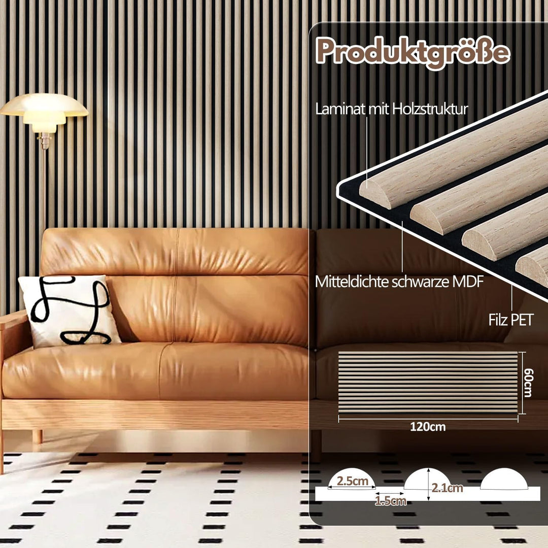 3X Akustikpaneele 120×60cm – 2,16 m² 3D Halbrunde Holzlamellen Wandpaneele auf MDF & Akustikfilz, Mo