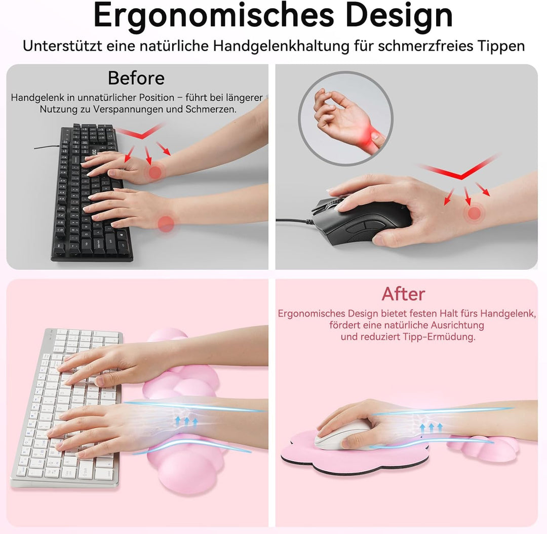 Memory‑Schaum Cloud Handballenauflage Tastatur‑Set, 4‑in‑1: Ergonomische Tastatur Handballenstütze &