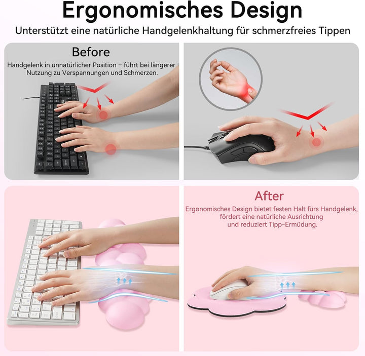 Memory‑Schaum Cloud Handballenauflage Tastatur‑Set, 4‑in‑1: Ergonomische Tastatur Handballenstütze &