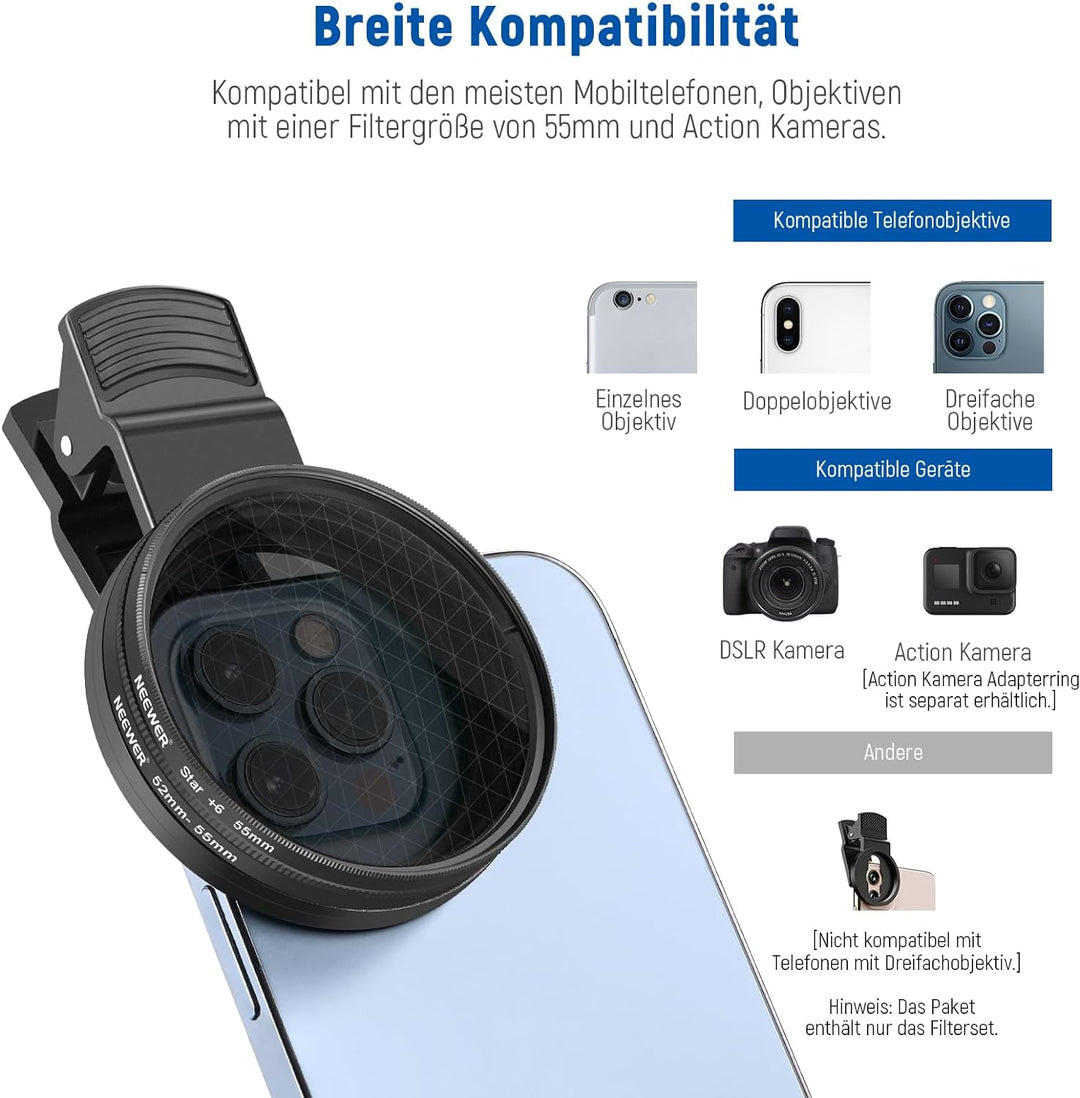 NEEWER 55mm ND+CPL+Effekt Filter Set mit Handy Phone Objektiv Klammer, Polfilter ND32, 6 Punkt Stern