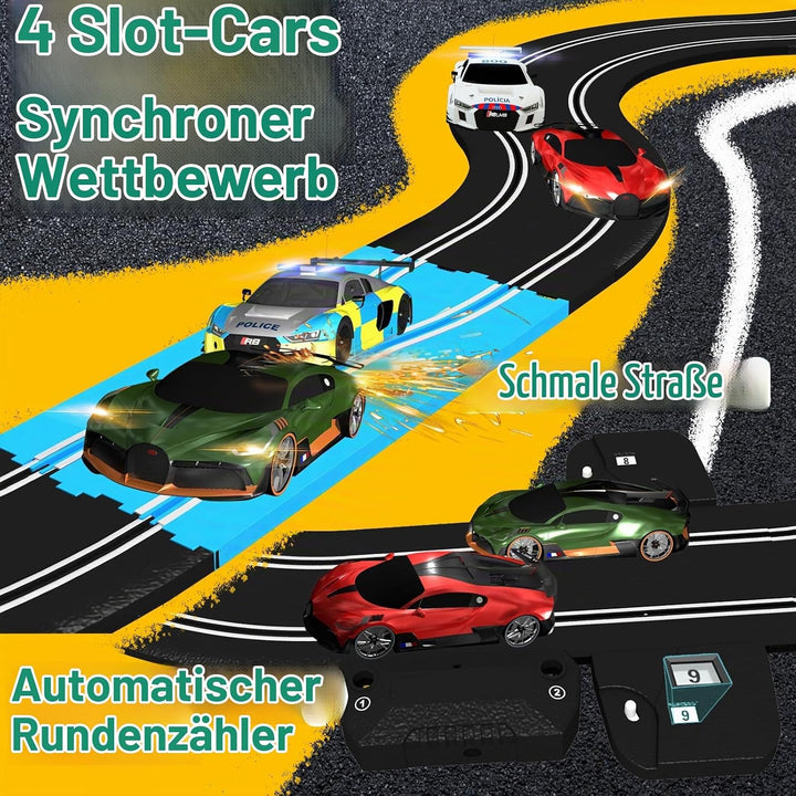 AGM MASTECH 18,7 Fuss Slot Car Rennbahn Set, 4 offiziell lizenzierte Lichtspielzeugautos, Lenkrad- u