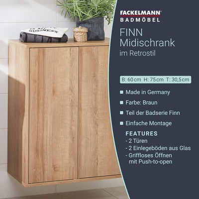 FACKELMANN Finn Midischrank (60 x 75 x 30,5 cm) – Badezimmerkommode mit 2 Einlegeböden aus Glas – Ba
