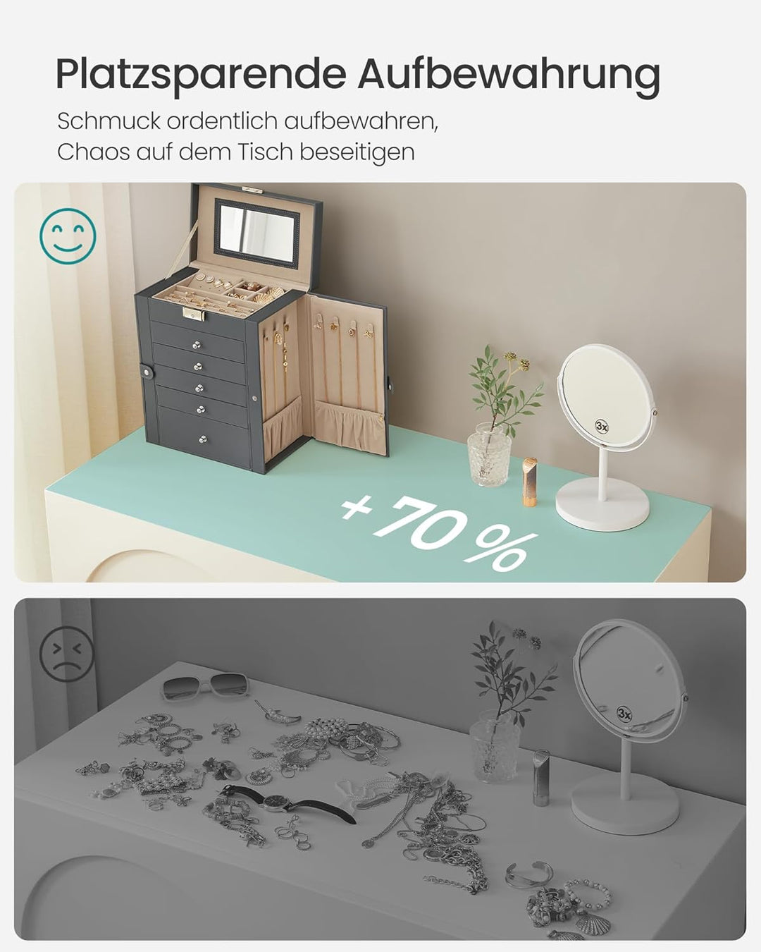 SONGMICS Schmuckkästchen 6 Ebenen, Schmuckkasten mit 5 Schubladen, viel Stauraum, innen mit Spiegel,