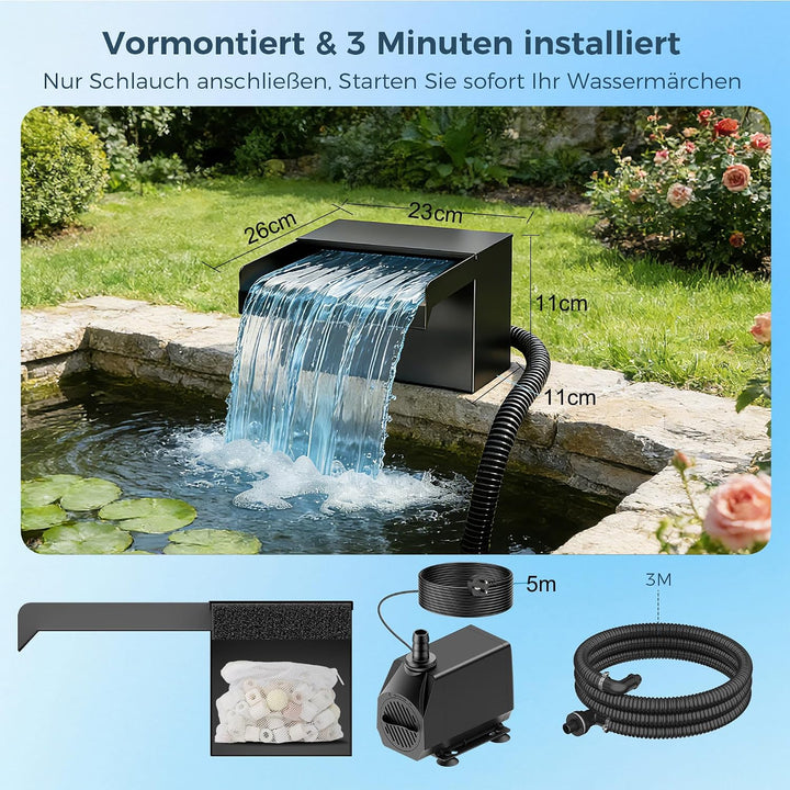 Biling 20cm 2500l/h Wasserfall Teich mit Filter für Gartenteiche bis 5000L | Edelstahl-Wasserfall fü
