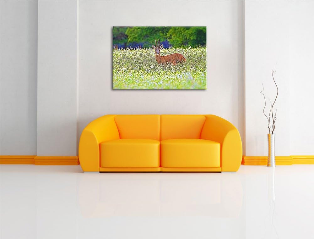 junger Hirsch auf Wildwiese NewArt Format: 100x70 cm auf Leinwand, XXL riesige Bilder fertig gerahmt