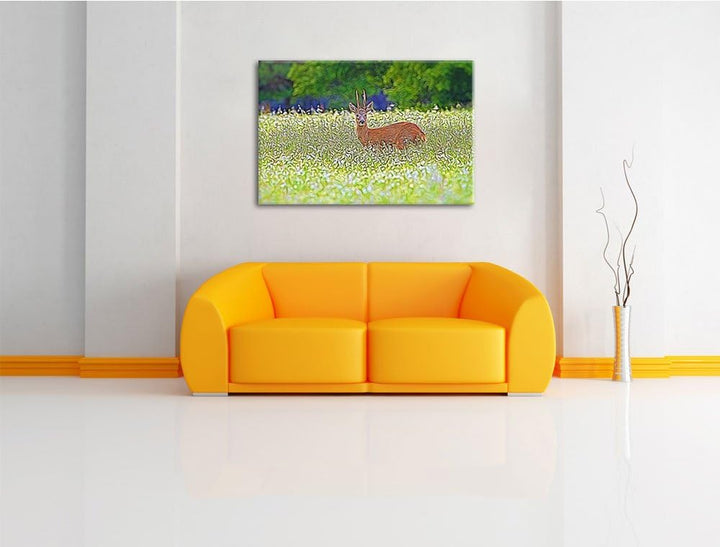 junger Hirsch auf Wildwiese NewArt Format: 100x70 cm auf Leinwand, XXL riesige Bilder fertig gerahmt