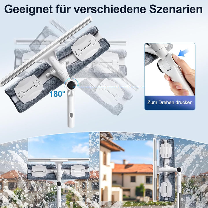 4m Teleskop Fensterputzer Set mit 2 Fensterabzieher für hohe Fenster | 2 in 1 Teleskopstange Fenster