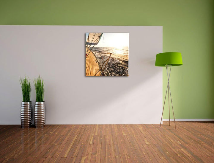 Segelboot im Meer, Format: 70x70 auf Leinwand, XXL riesige Bilder fertig gerahmt mit Keilrahmen, Kun