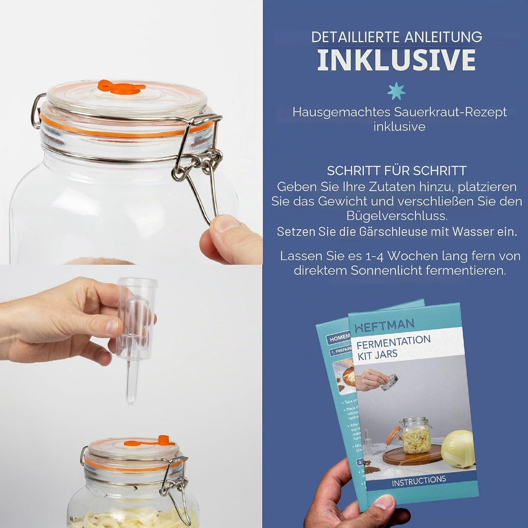 Gärglas mit Luftschleuse, 1 l, ideal für sichere Gärung, Silikondeckel und Gärgewichte, 2 Stück