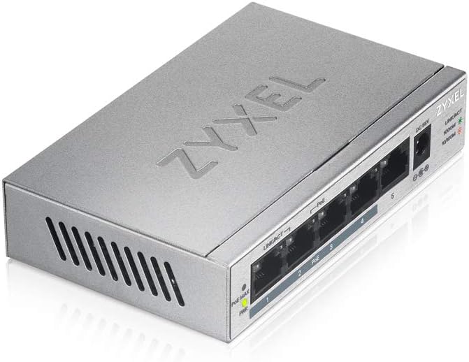 Zyxel Gigabit Unmanaged PoE+ Switch mit 5 Ports (davon 4 mit PoE) und einem PoE-Budget von 60 Watt,
