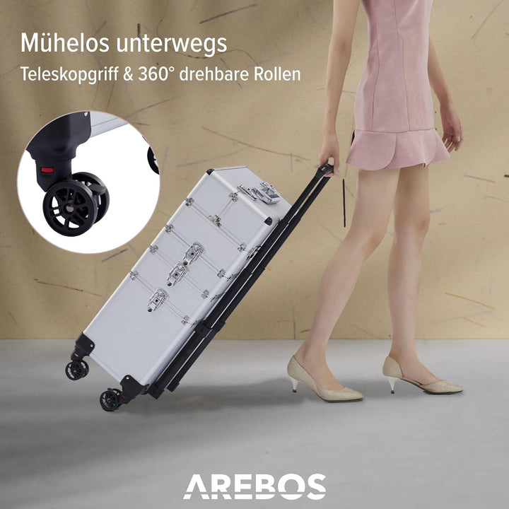 Arebos 4-in-1 Kosmetikkoffer | 4 Fächer & 1 Schublade | Teleskop- und Tragegriff | 8 Schlösser | 4X