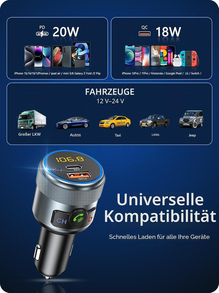 LENCENT Auto Bluetooth FM Transmitter, Wireless Bluetooth FM Radio Adapter Drahtloses Bluetooth Radi