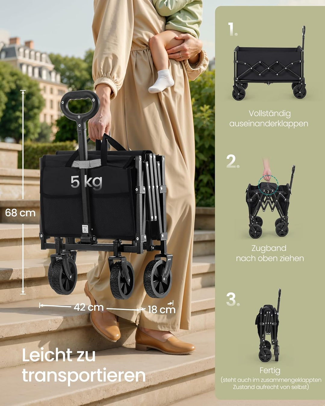 SONGMICS Kleiner Handwagen faltbar, Gartenwagen, kompakt, mit Griff, mit 4 verstärkten Rollen, Davon