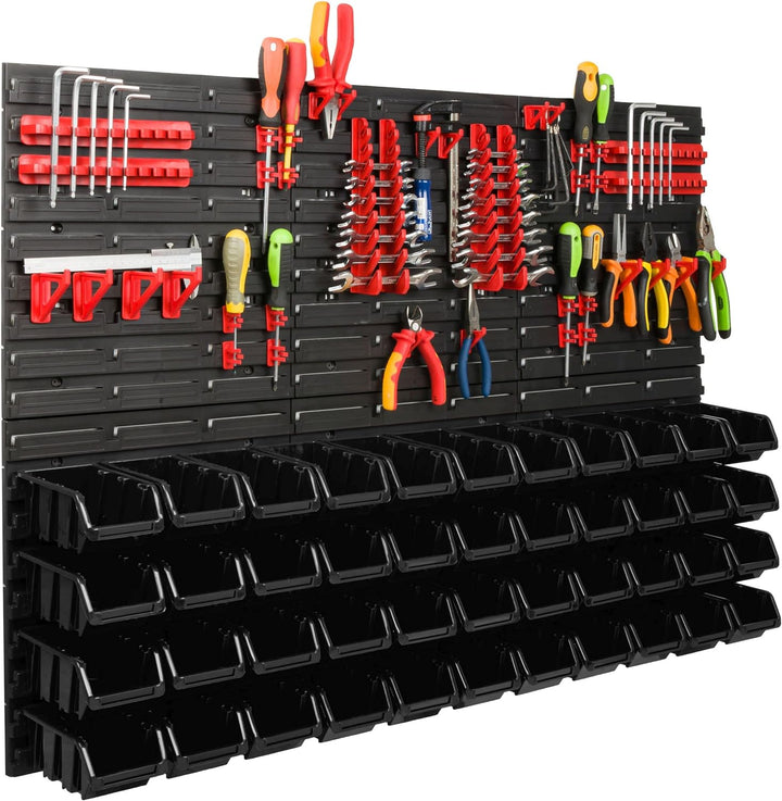 Lagersystem Werkstattregal | 117 x 78 cm | 44 stck. Box | Wandregal mit Werkzeughalterungen und Stap