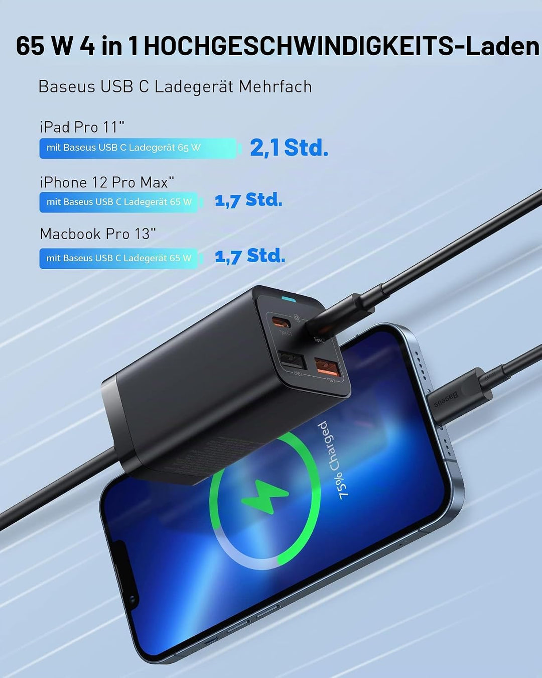 Baseus USB C Ladegerät, 65W USB C Netzteil 4 Ports GaN Charger mit 1.5m AC Kabel und 100W USB C Kabe