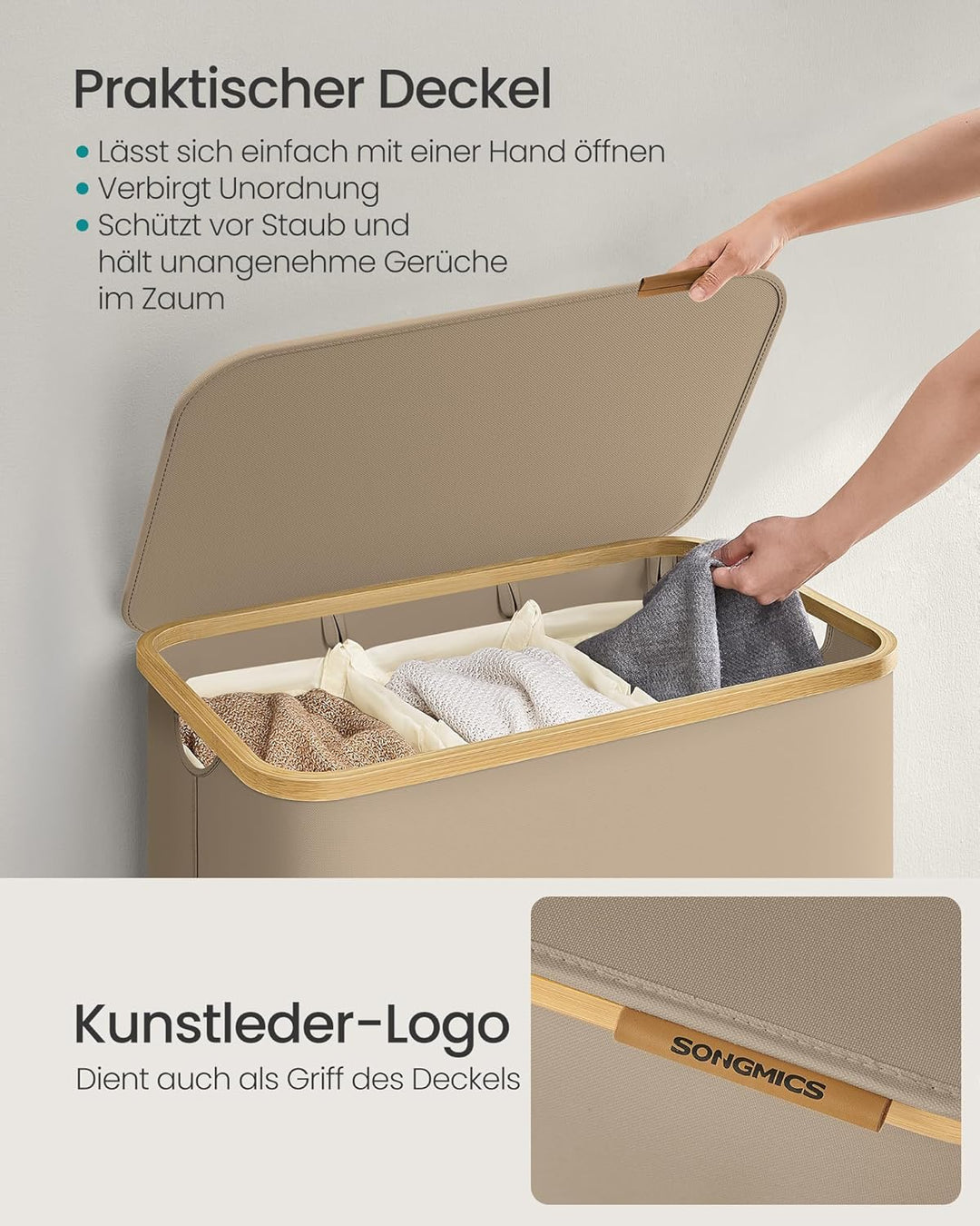 SONGMICS Wäschekorb mit Deckel, Wäschesammler mit 3 Fächern, 150 L, herausnehmbarer Wäschesack, Oxfo