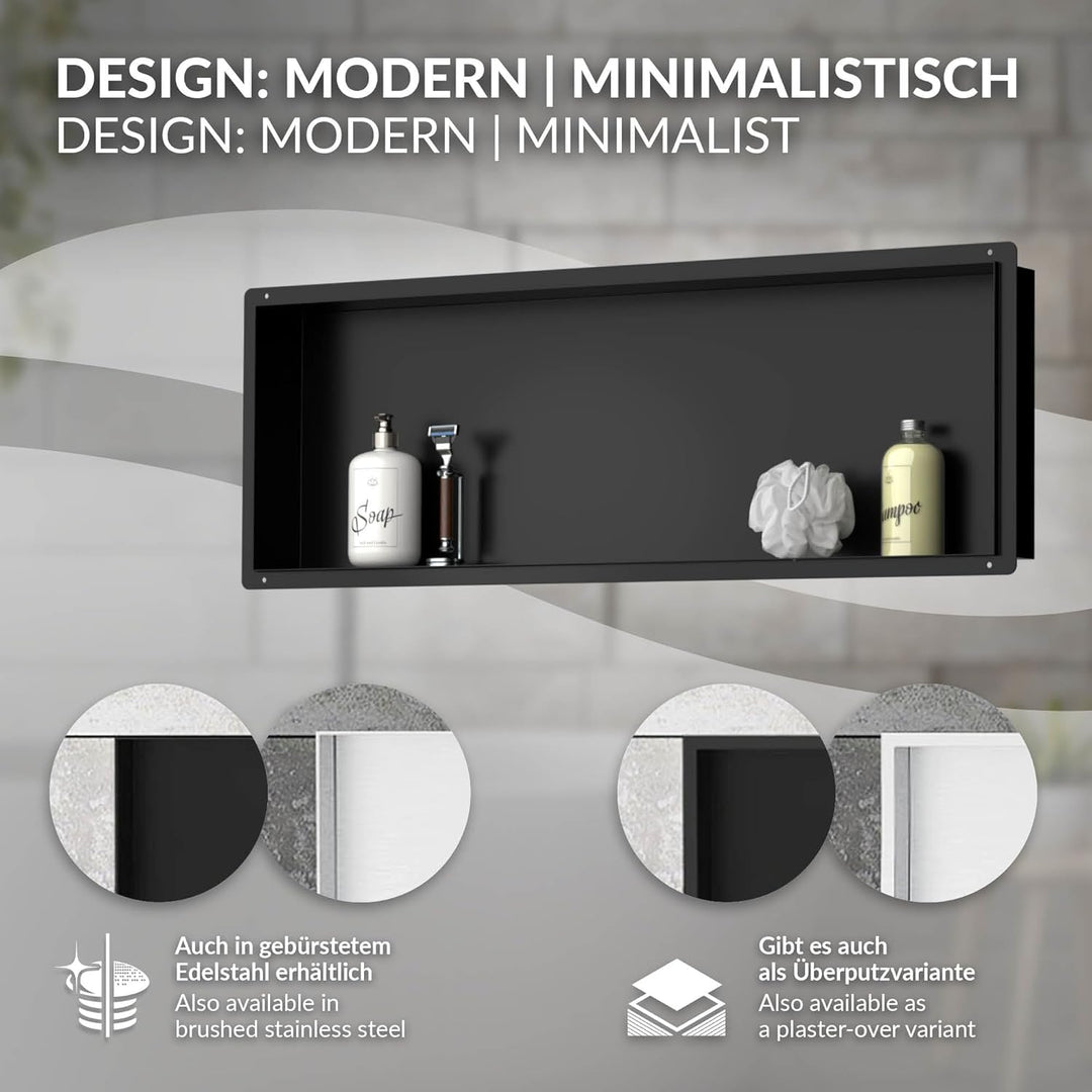 LuxeBath Wandnische aus Edelstahl, 90x30x10 cm, Schwarz, Duschnische, Randlos, Einbauregal, Flexible
