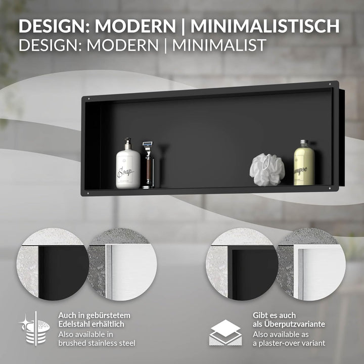 LuxeBath Wandnische aus Edelstahl, 90x30x10 cm, Schwarz, Duschnische, Randlos, Einbauregal, Flexible